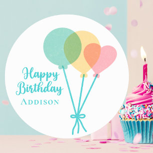 Adesivo Redondo Crianças Fofas Garotas Balões Arco-Íris Feliz Aniv