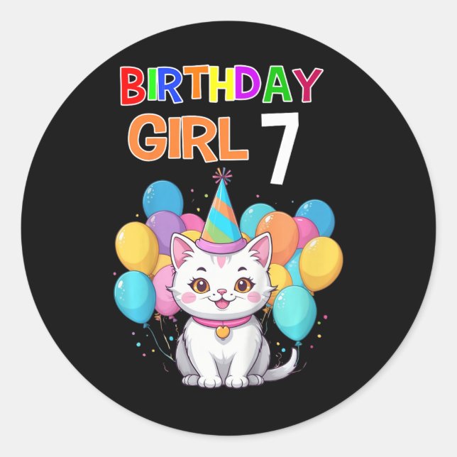 Adesivo Redondo Crianças Gato Aniversário 7 Festas de aniversário  (Frente)