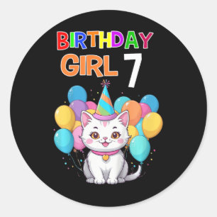Adesivo Redondo Crianças Gato Aniversário 7 Festas de aniversário