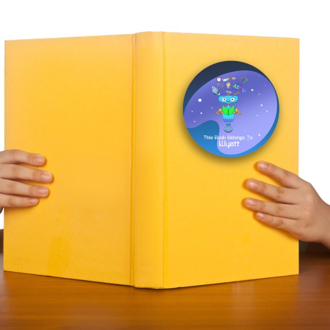 Adesivo Redondo Crianças legal aprendem robô lendo notebook (Criador carregado)