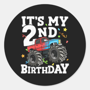 Adesivo Redondo Crianças Monster Truck É Meu segundo aniversário D