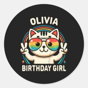 Adesivo Redondo Crianças Nome Olivia Birthday Girl Cat