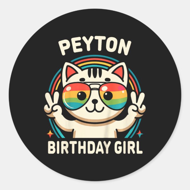 Adesivo Redondo Crianças Nome Peyton Birthday Girl Cat (Frente)