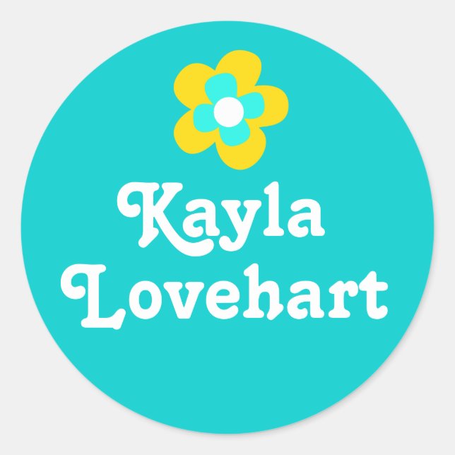 Adesivo Redondo Crianças nomearam o aqua branco amarelo. (Frente)