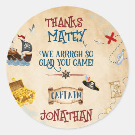 Adesivo Redondo Crianças, obrigado de aniversário de pirata, você