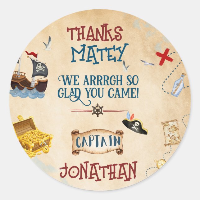 Adesivo Redondo Crianças, obrigado de aniversário de pirata, você  (Frente)