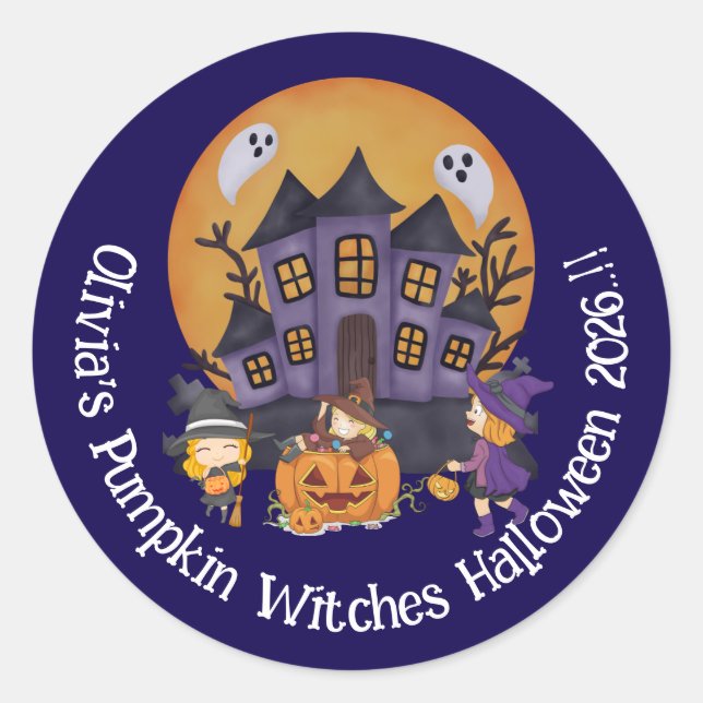 Adesivo Redondo Crianças Pumpkin Bruxas Festa de Halloween (Frente)
