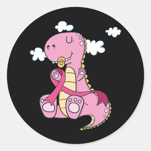 Adesivo Redondo Crianças Rosa Fita T Rex Dinossauro Cancer de Mama (Frente)