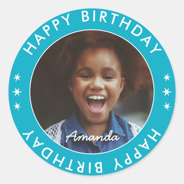 Adesivo Redondo Crianças Simples Modernas Foto Feliz Aniversário C (Frente)