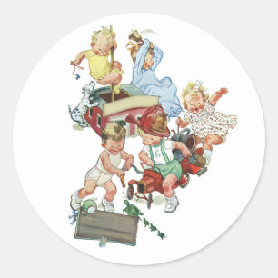 Adesivo Redondo Crianças Vintage Brincando com Bombeiros