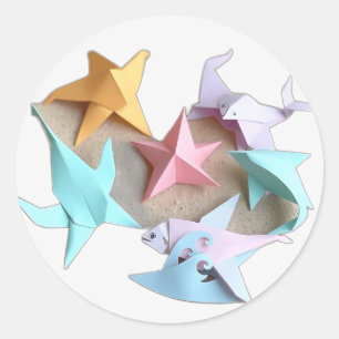 Adesivo Redondo Criaturas do Mar de Origami com ondas de Pastel
