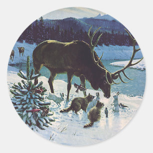 Adesivo Redondo Criaturas e alces da floresta do vintage na neve
