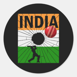 Adesivo Redondo Cricket Índia Com Pincelada Da Bandeira Indiana As