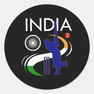 Adesivo Redondo Cricket Índia Com Pincelada Da Bandeira Indiana As