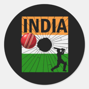 Adesivo Redondo Cricket Índia Com Pincelada Da Bandeira Indiana As