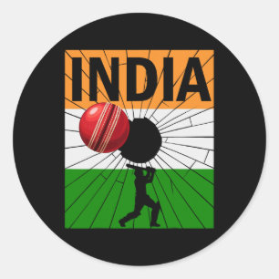 Adesivo Redondo Cricket Índia Com Pincelada Da Bandeira Indiana As