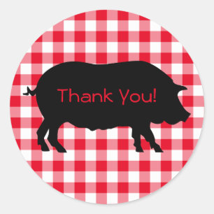 Adesivo Redondo Crie Seu Próprio Porco Silhouette Gingham Obrigado