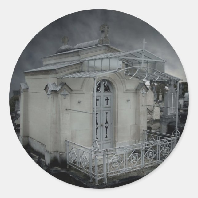 Adesivo Redondo Criptografia de ornamentado de cemitério gótico (Frente)