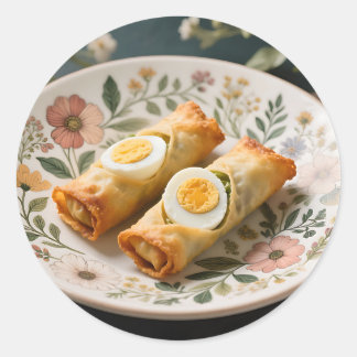 Adesivo Redondo Crispy Egg Rolls on Floral Plate