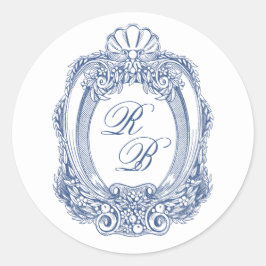 Adesivo Redondo Crista Azul Francesa Barroca de Iniciais Casamento