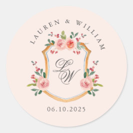 Adesivo Redondo Crista com monograma rosa casamento 