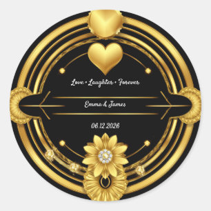 Adesivo Redondo 🌟 Crista de Casamento Romântica em Ouro Preto 💛