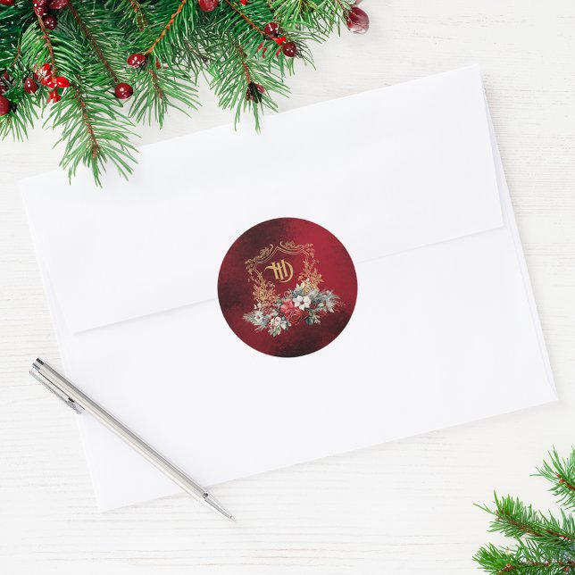 Adesivo Redondo Crista Floral de Natal Clássica Monograma Casament (Criador carregado)