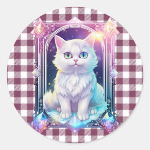 Adesivo Redondo Cristal Gatinho Branco de Xadrez Preta e Roxo