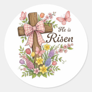 Adesivo Redondo Cristão - Ele Ressuscitou Cruz Floral Religiosa 