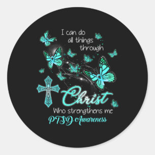 Adesivo Redondo Cristo Deus Cruz Fortaleça-Me Butterfly Teal Ptsd