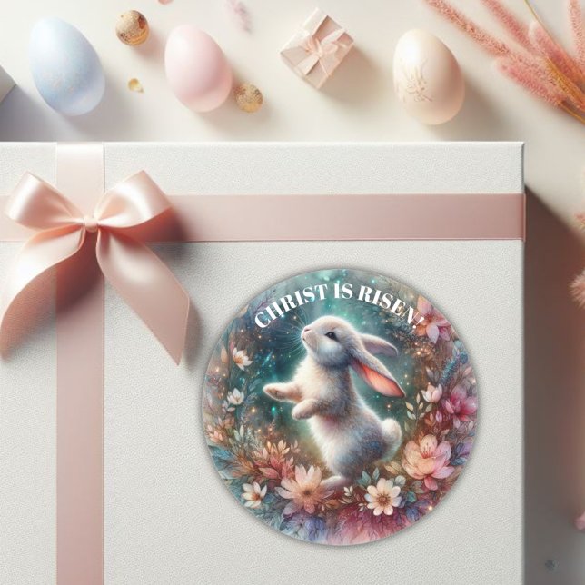 Adesivo Redondo Cristo Risen Felz pascoa Floral Bunny (Criador carregado)