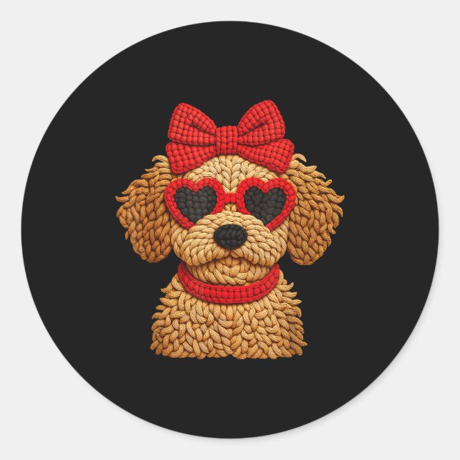 Adesivo Redondo Crochet Puppy Heart Sungles Red Bow Valentines Day (Frente)