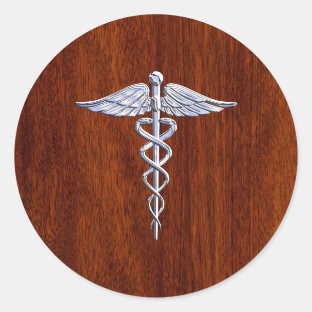 Adesivo Redondo Cromo Como Caduceus Símbolo Médico Mahogany Brown (Frente)