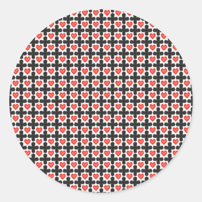 Adesivo Redondo Cross Shaped Checkered Pattern with Red Hearts (Frente)