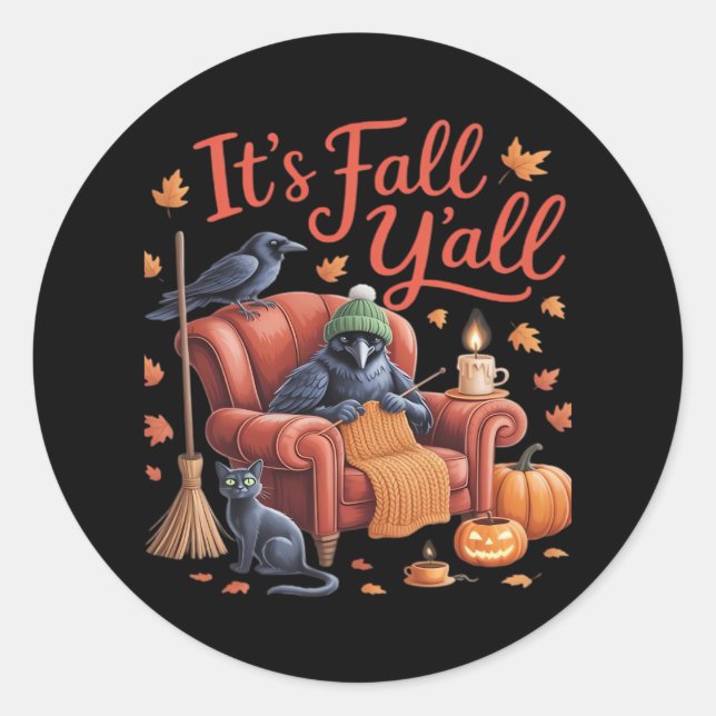 Adesivo Redondo Crow's Fall Y'all Pumpkins Fall Autumn Hallowee (Frente)