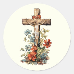 Adesivo Redondo Crucificação Floral de Jesus Católico