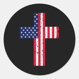Adesivo Redondo Cruz Bandeira EUA Cristão Religioso América Fé