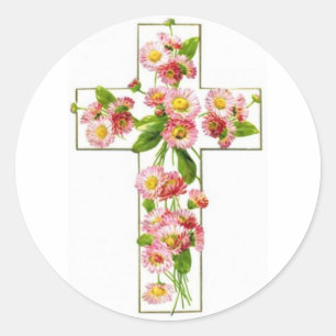 Adesivo Redondo Cruz branca com floral cor-de-rosa