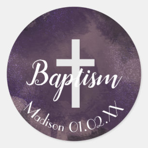 Adesivo Redondo Cruz de Batismo Roxo Aquarela Nome da Criança