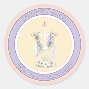 Adesivo Redondo Cruz de Bênçãos da Páscoa com Lírios