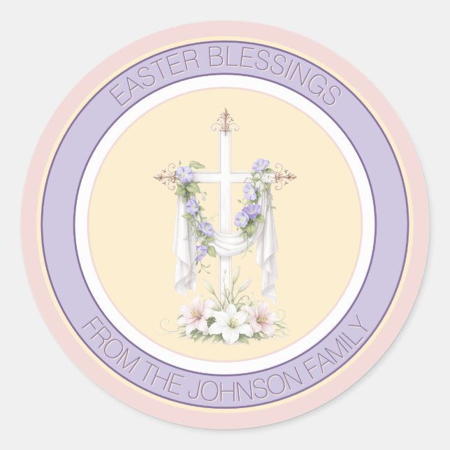 Adesivo Redondo Cruz de Bênçãos da Páscoa com Lírios  (Frente)