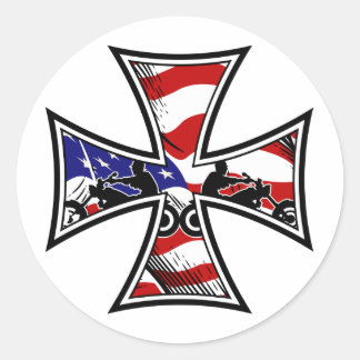 Adesivo Redondo Cruz de Ferro com Bandeira Americana e Bikers