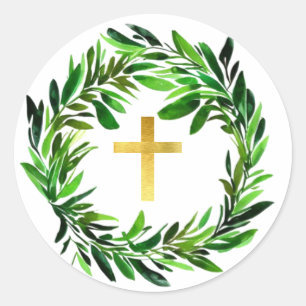 Adesivo Redondo Cruz de Ouro Falso em Coroa de Verdura Verde Relig