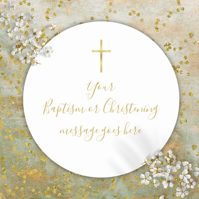 Adesivo Redondo Cruz de Ouro Simples Mensagem de Batismo Batizado (Simple Gold Cross Baptism Christening Message Classic Round Sticker)