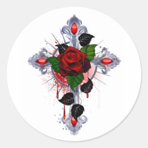 Adesivo Redondo Cruz de Prata com Rosa vermelha
