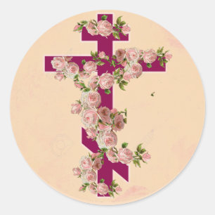 Adesivo Redondo Cruz de Rito Oriental Ortodoxo Bizantino com Rosas