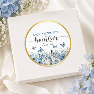 Adesivo Redondo Cruz Dourada Elegante Floral Azul Batismo