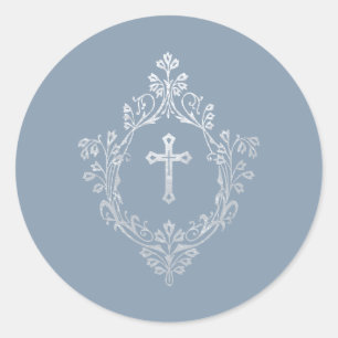 Adesivo Redondo Cruz Falsa Prata Religiosa Dusty Blue em Crista