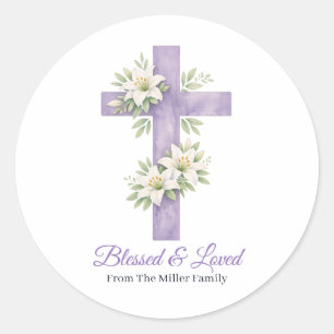 Adesivo Redondo Cruz Floral de Lavanda Personalizada Abençoada & A