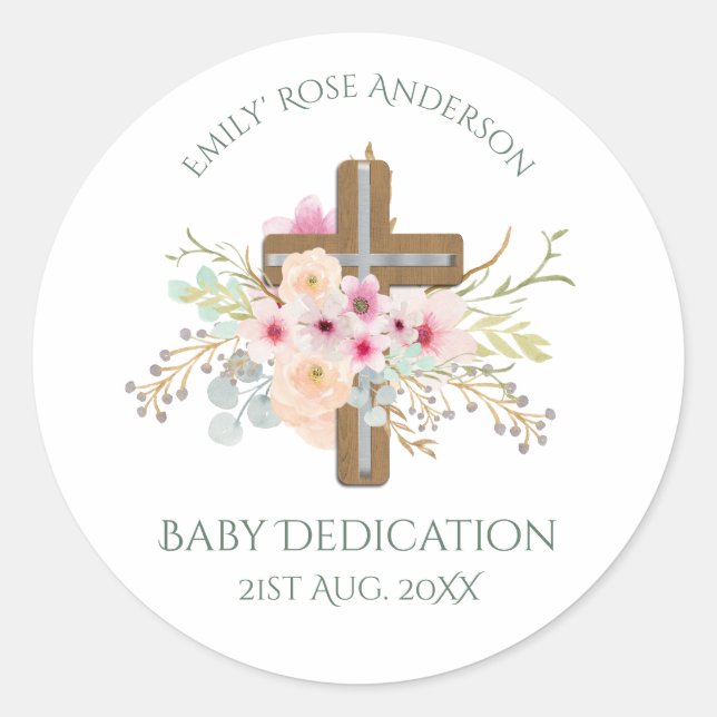 Adesivo Redondo Cruz Floral Personalizada BABY Dedicação (Frente)